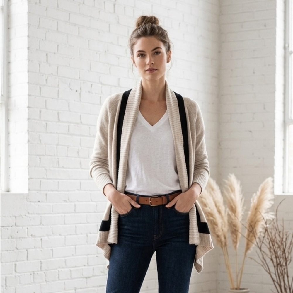 Banana Republic Open Front Cardigan Sweater Cream Black Small Merino Wool Office
